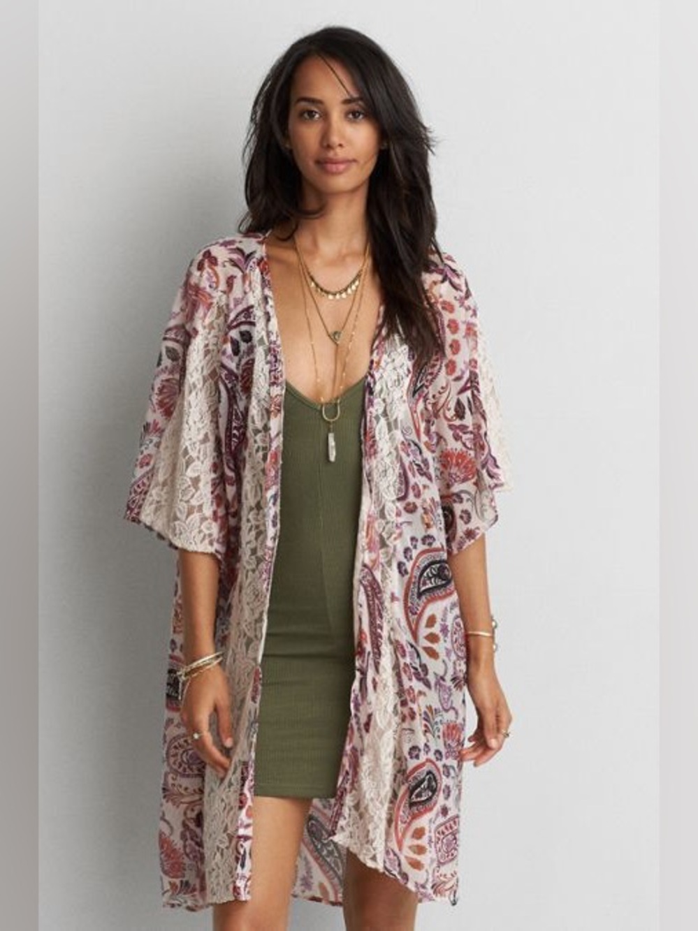 American Eagle Outfitters Boho Paisley Lace Trim Kimono, Size L/XL, EUC